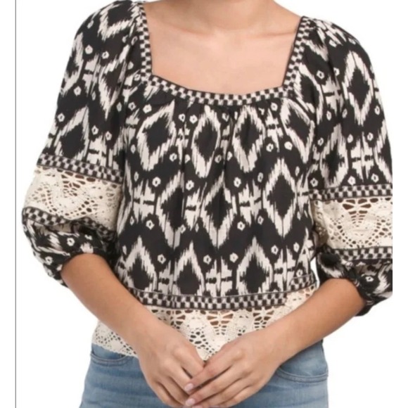Christian Siriano Tops - Christian Siriano Boho Ikat & Crochet Lace Insert Top Linen Black Ivory size XL